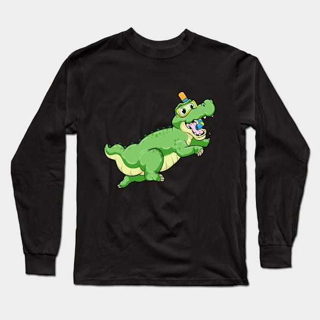 Dinosaur at Swimming with Diving goggles Long Sleeve T-Shirt by Markus Schnabel